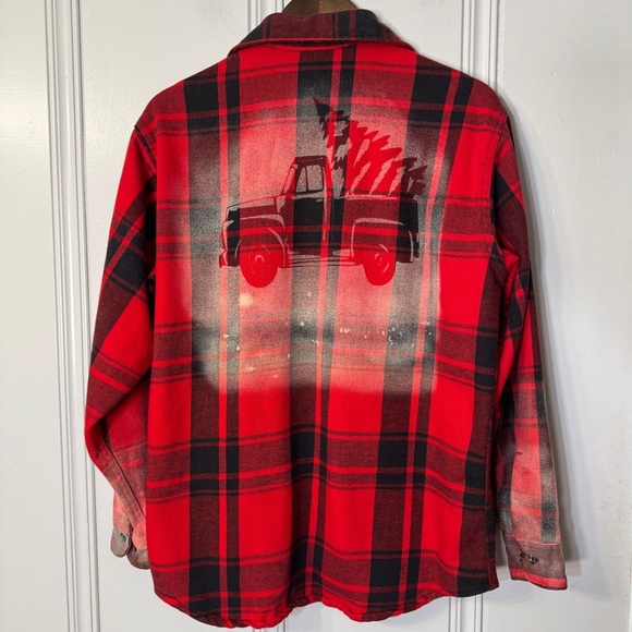 St. John's Bay Tops - St Johns Bay Red Custom Bleach Christmas Red Truck Tree Long Sleeve flannel L